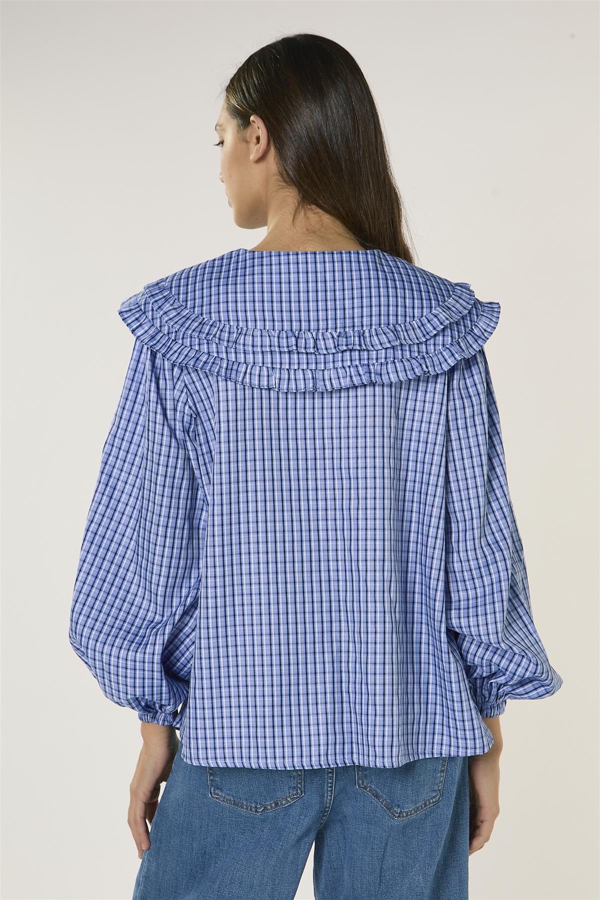 Pale Blue Check Statement Collar Blouse