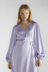 Lilac-Satin Wrap Midi-Dress