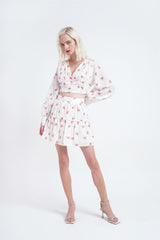 Rose-Broderie Long-Sleeve-Button-Up Crop-Top