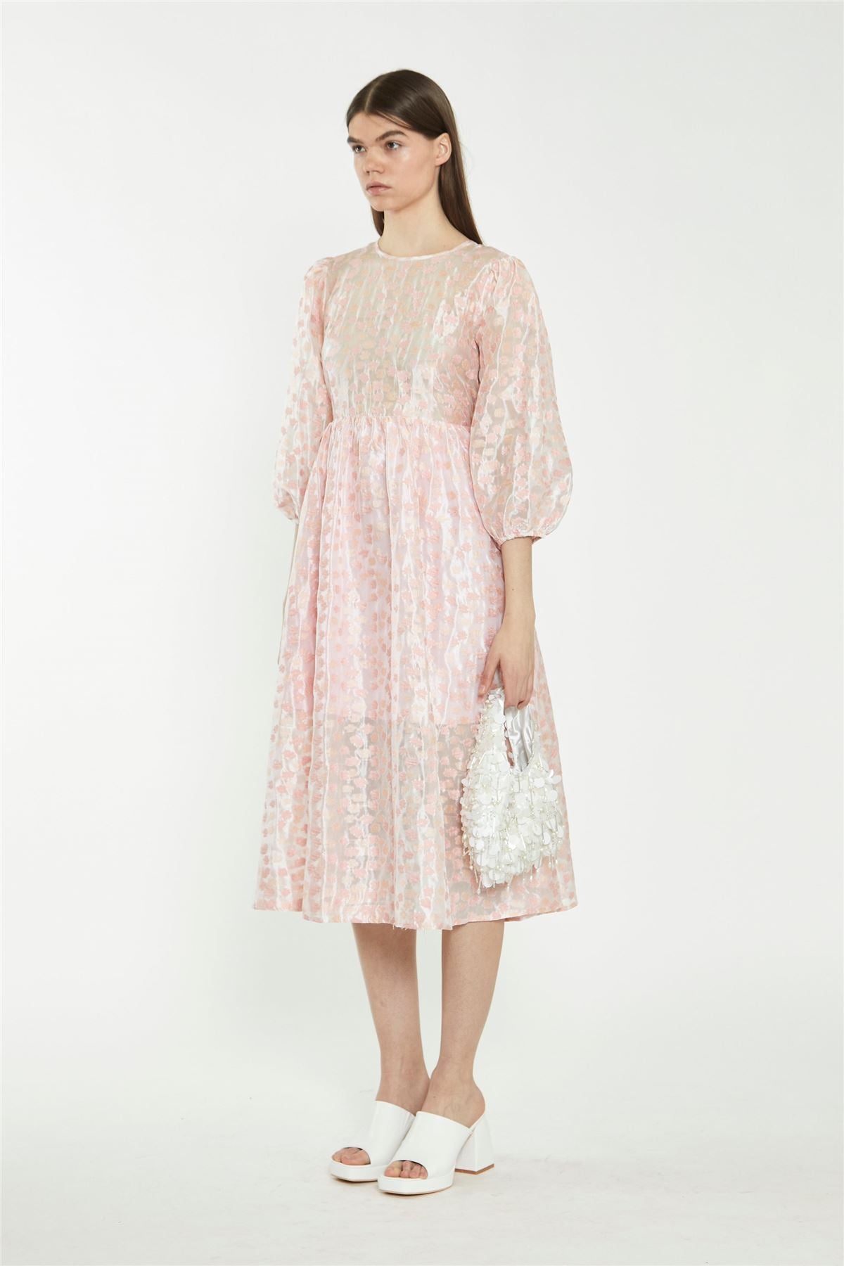 Pink Flower Organza Midi Dress