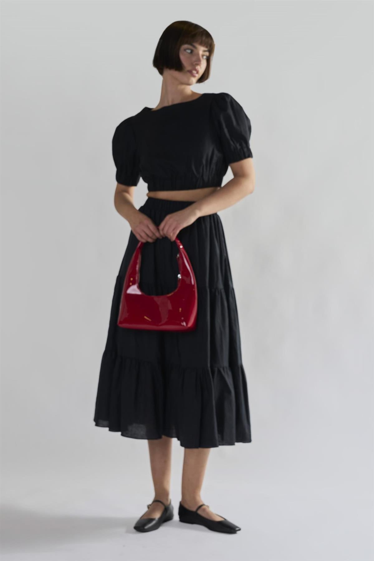 Black Puffed-Sleeve Crop-Top