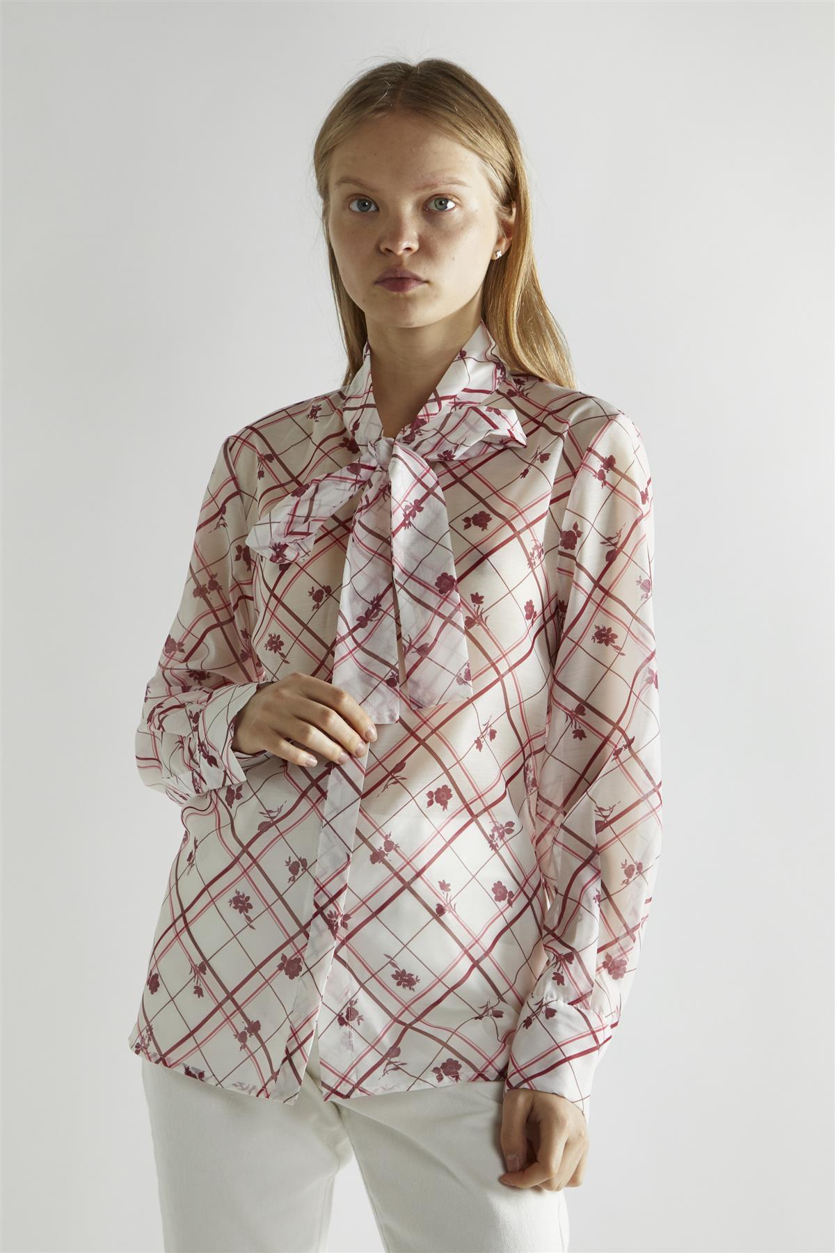 Burgundy Floral Check Tie Detail Blouse