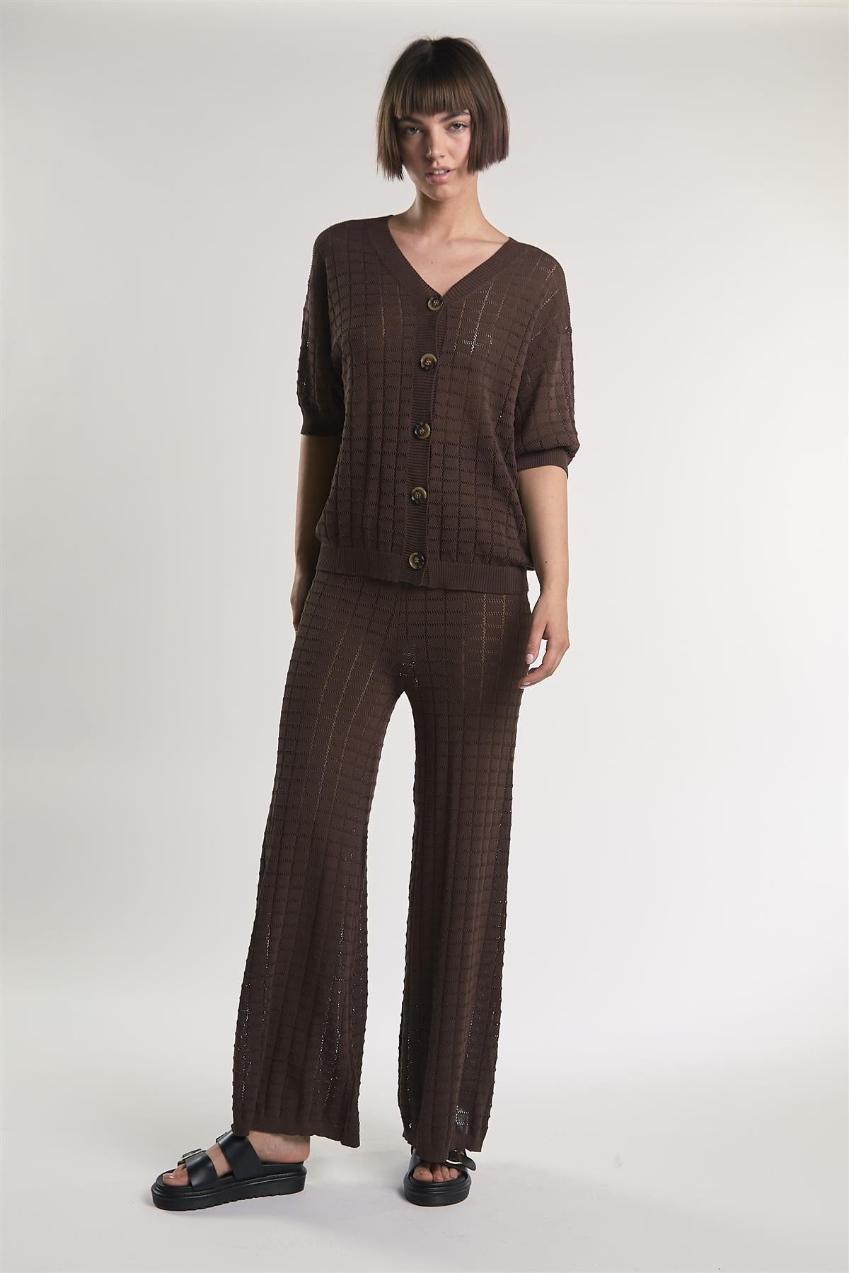 Brown V-Neck Button Knit Shirt
