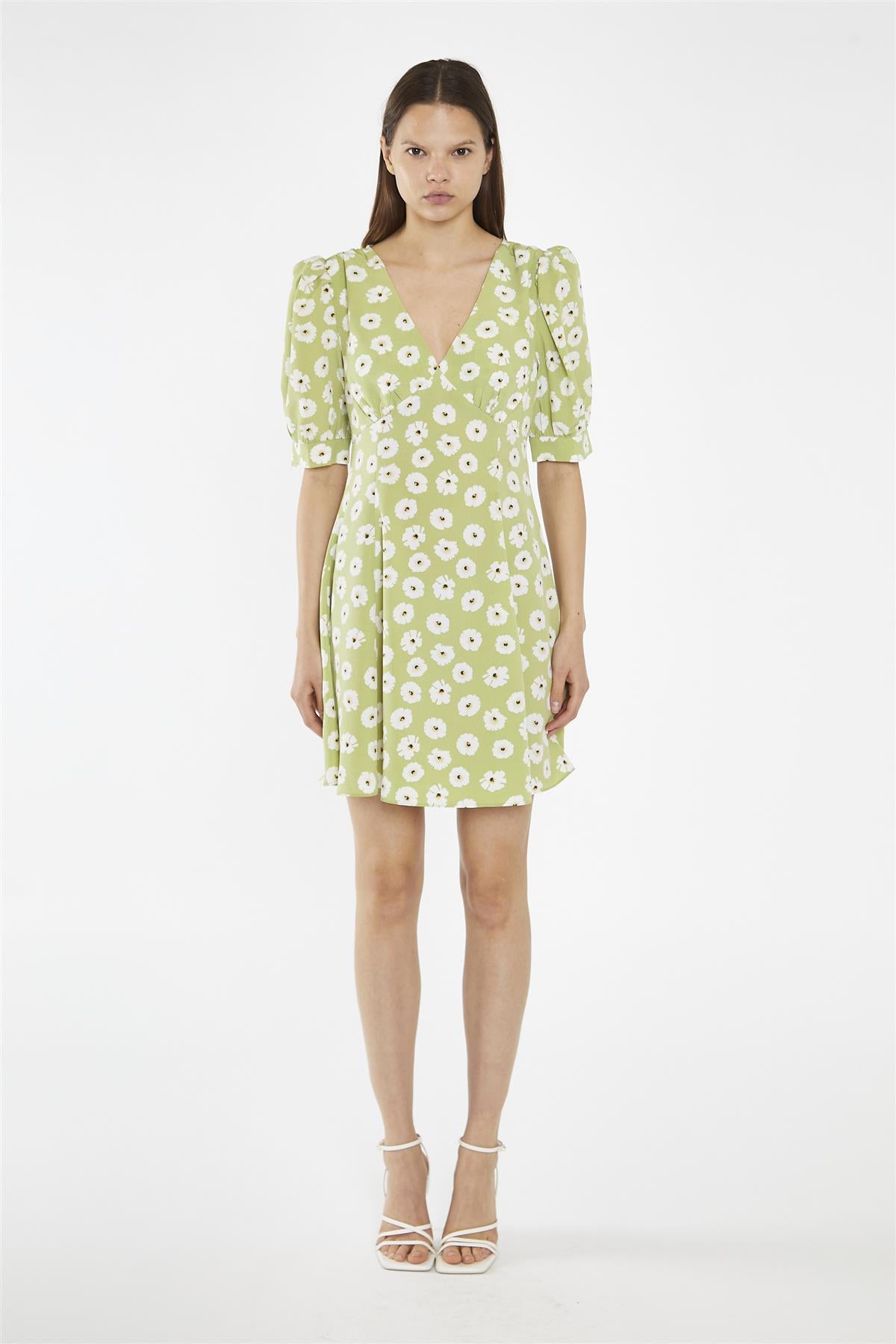 Shift Short Dress - Olive Green Flower