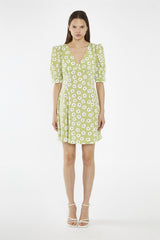 Shift Short Dress - Olive Green Flower