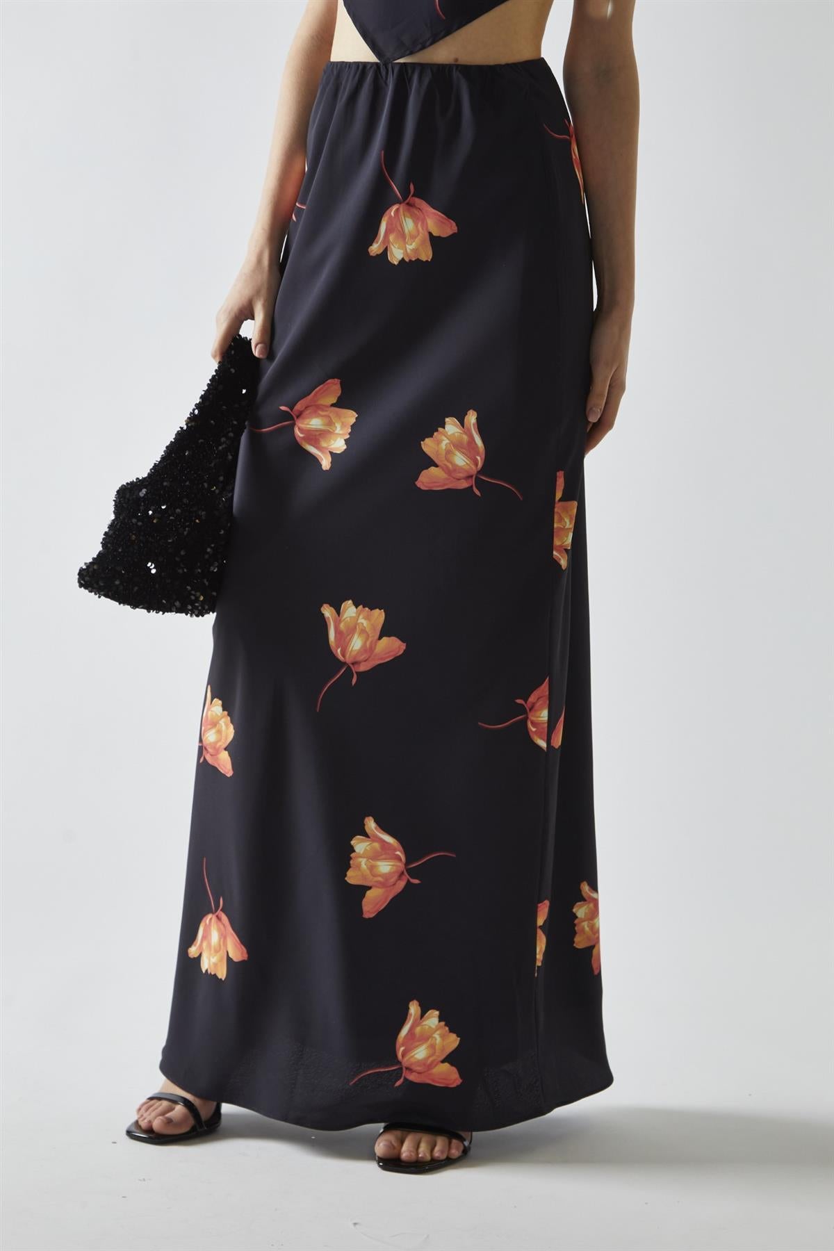 Black-Orange Flower Bias-Cut Maxi-Skirt
