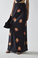 Black-Orange Flower Bias-Cut Maxi-Skirt