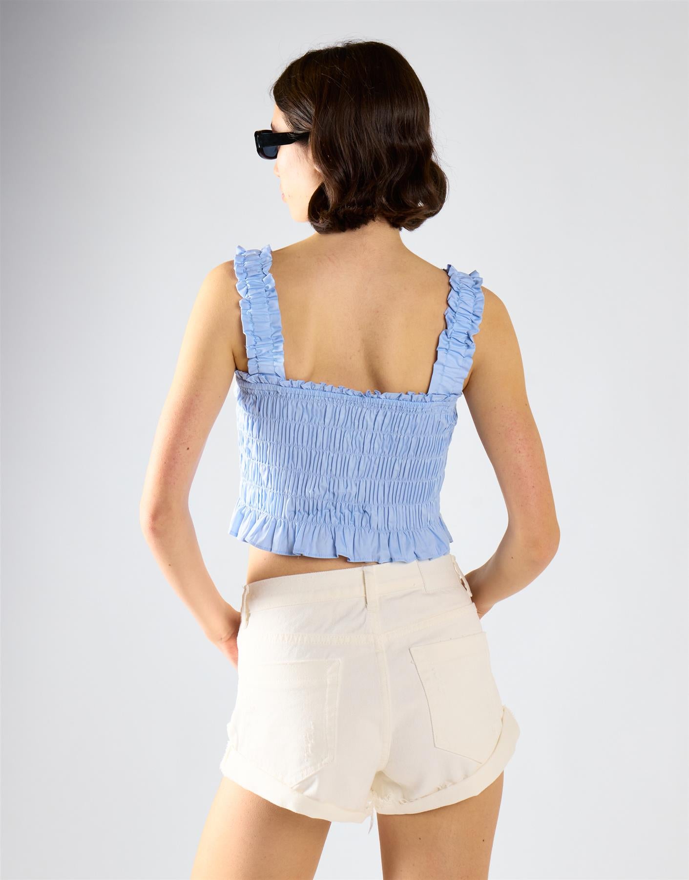 Ruched Frill Crop Top - Light Blue