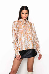 Pink Gold Multi Floral Voluminous Fit Blouse with Neck & Sleeve Ruffle Detailing