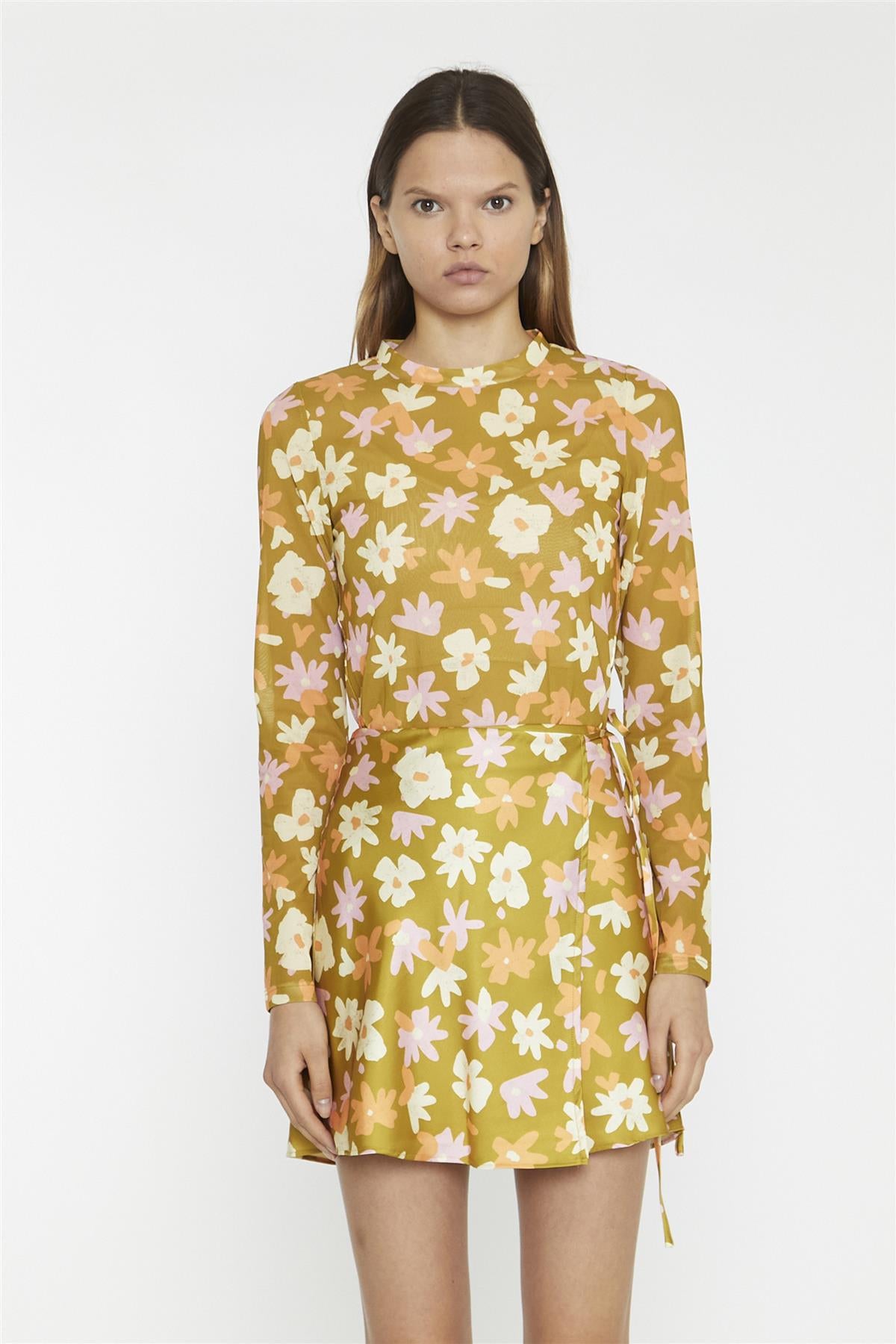 Olive Multi Flower Mesh Floral Long Sleeve-Top