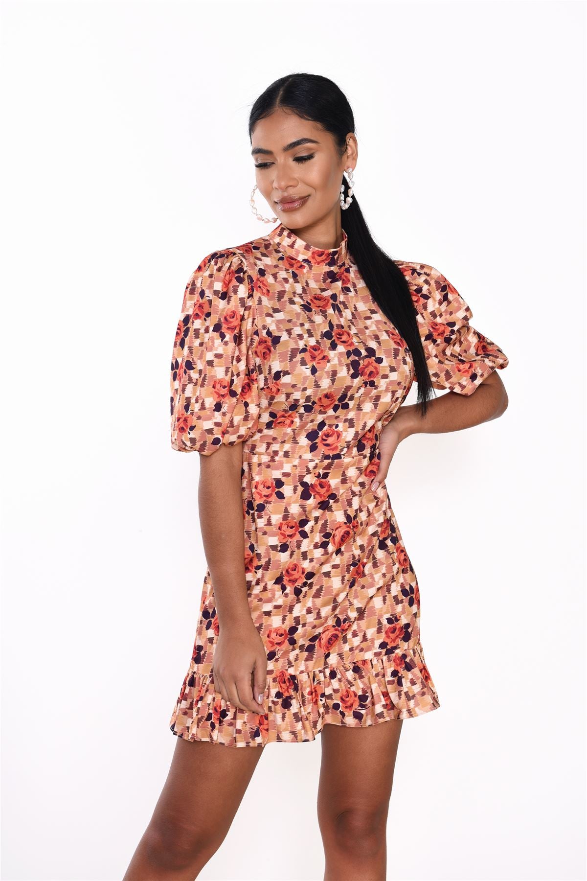 Brown-Rose Turtle-Neck Mini-Dress