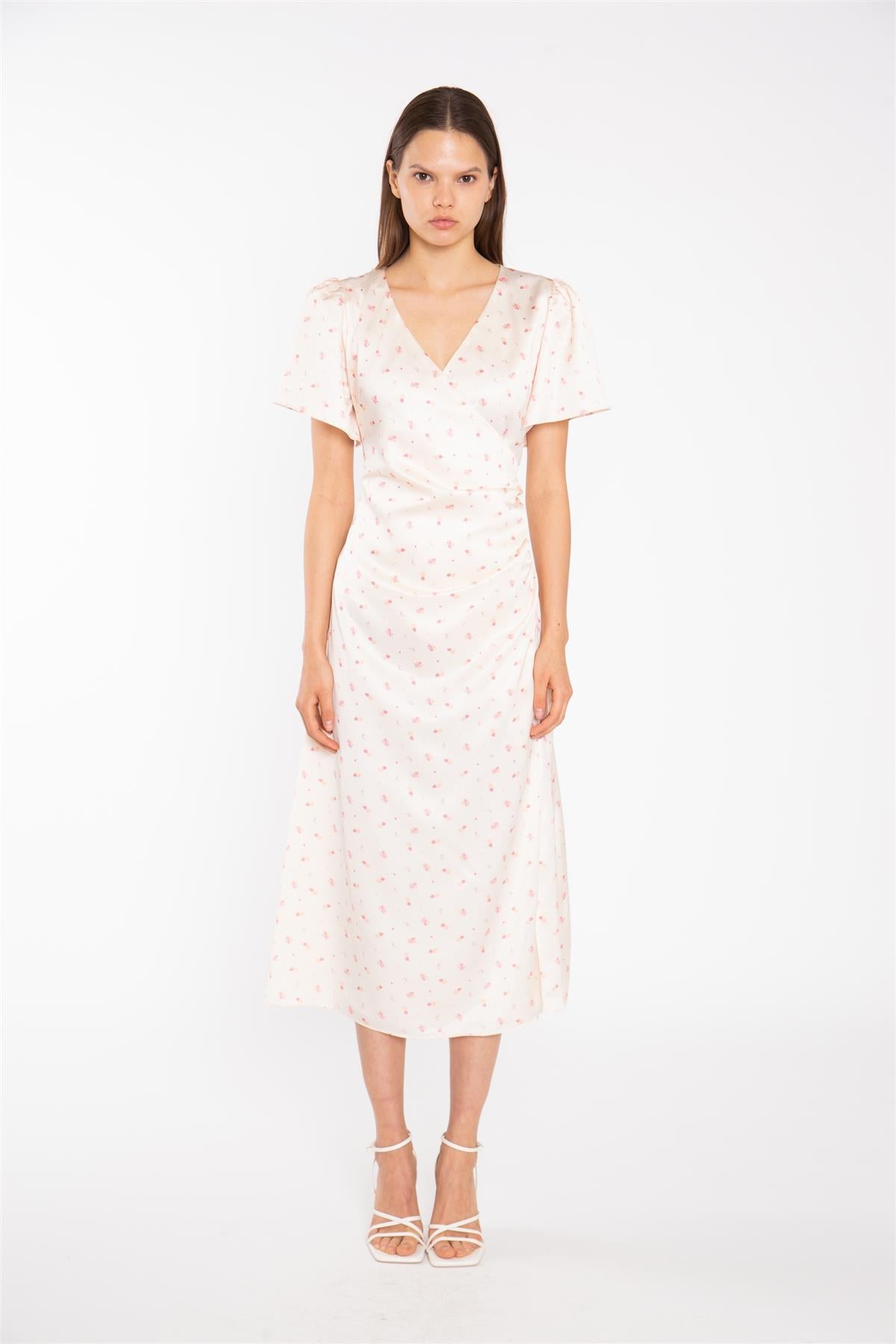 Peach-Pink Daisy Wrap Midi-Dress