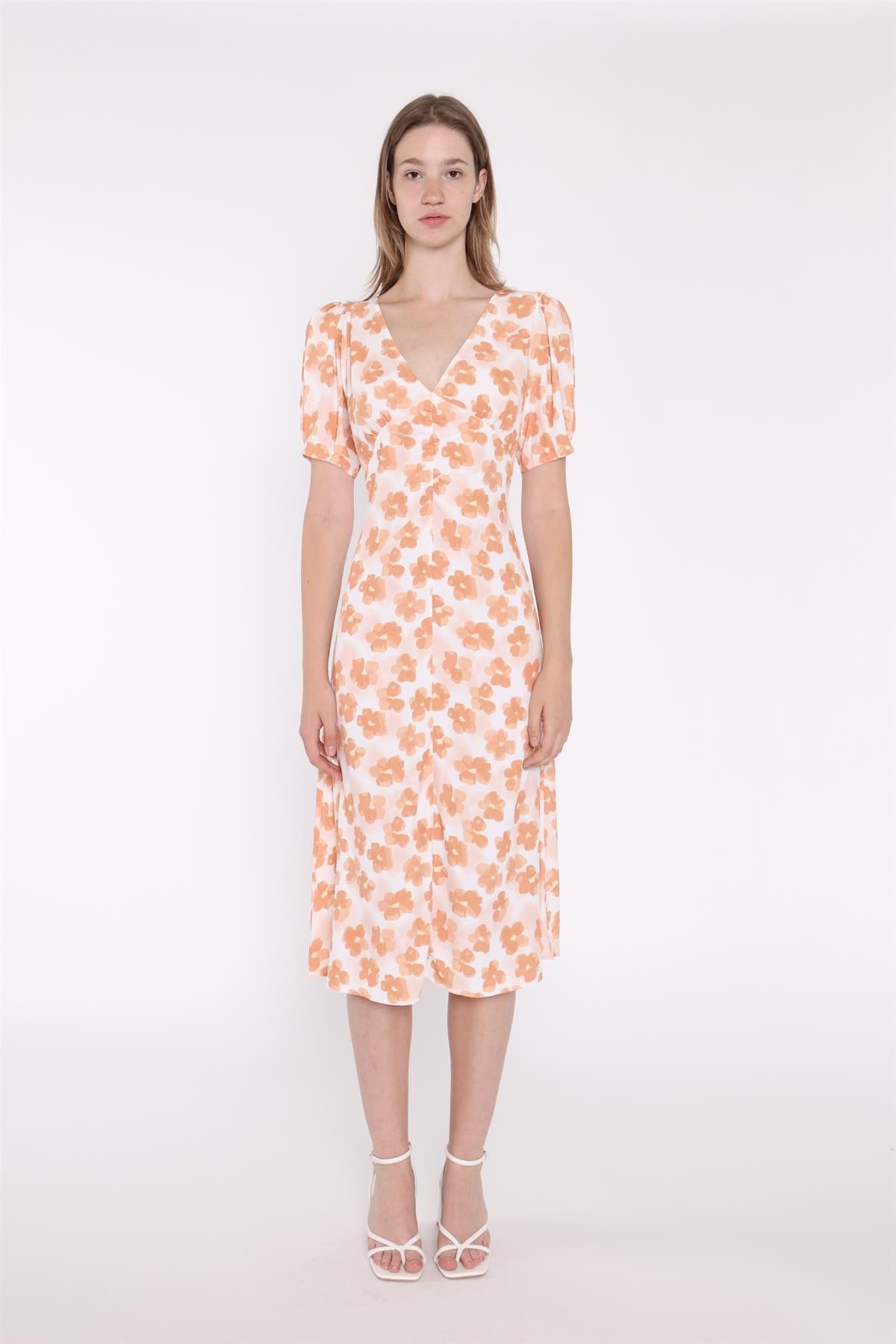 Apricot Blurred-Flower Ruched-Front Midi-Dress