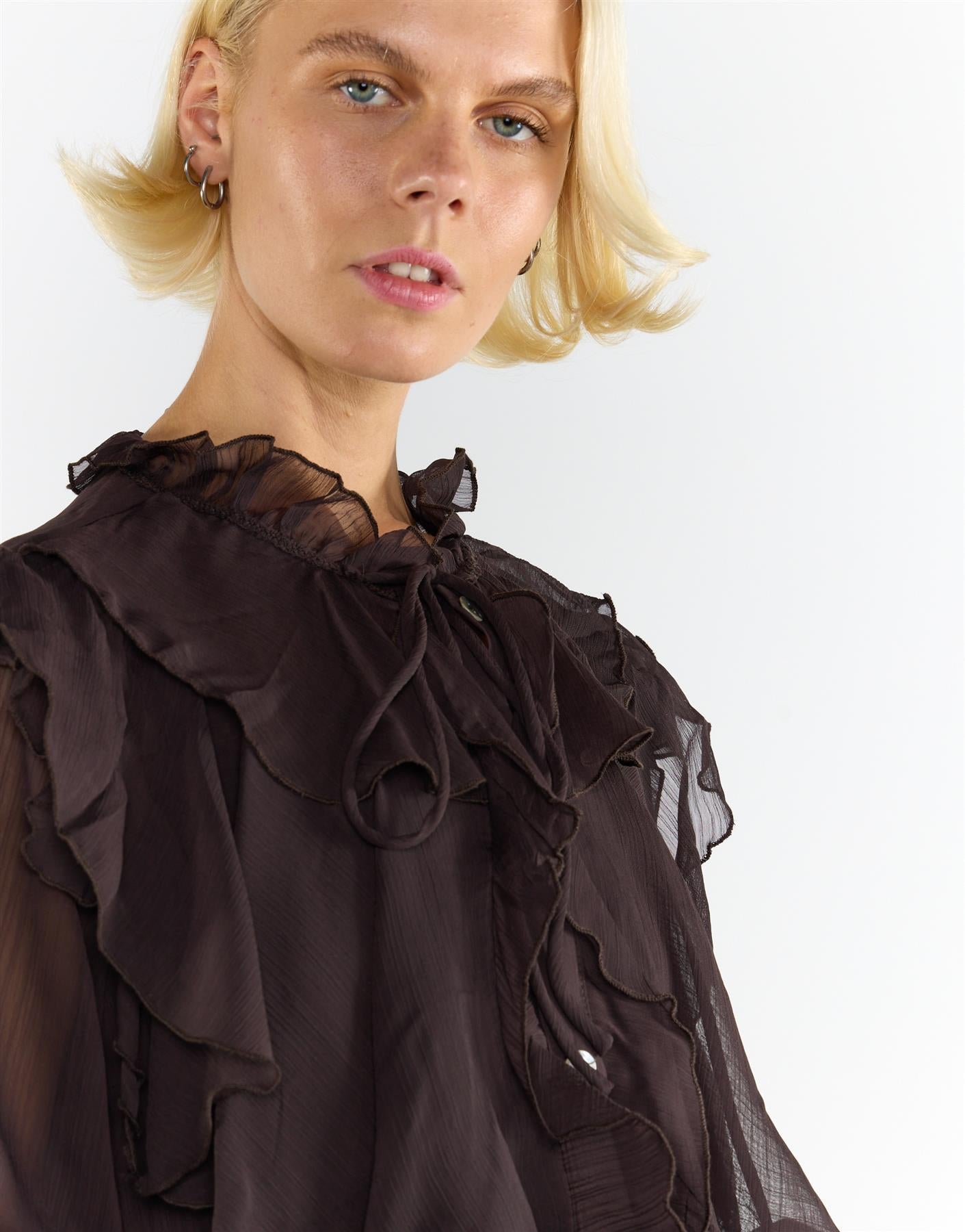 Button Front Ruffle  Blouse - Deep Brown