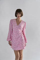 Pink-Fuschia-Ditsy Wrap Mini-Dress