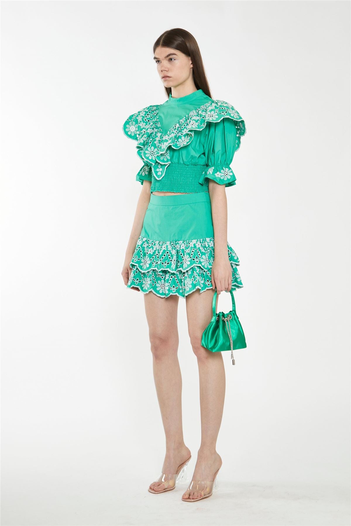 Green Broderie Ruffle Mini Skirt