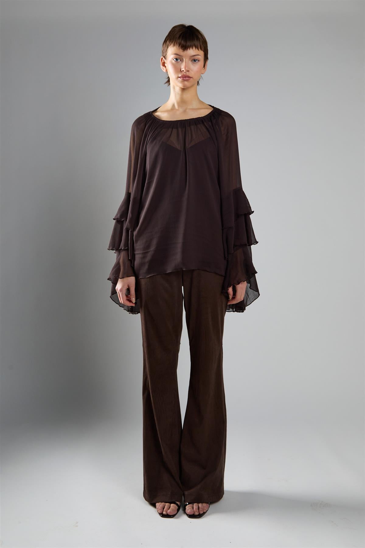 Brown Flared Mid-Rise Trousers