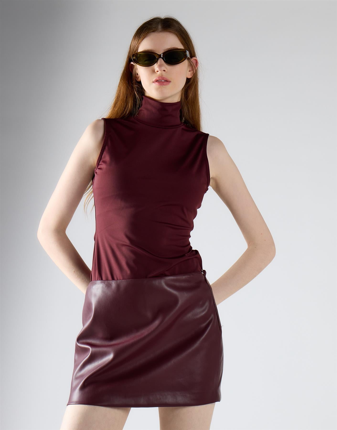 Burgundy Mock Neck Sleeveless Tank Bodysuit