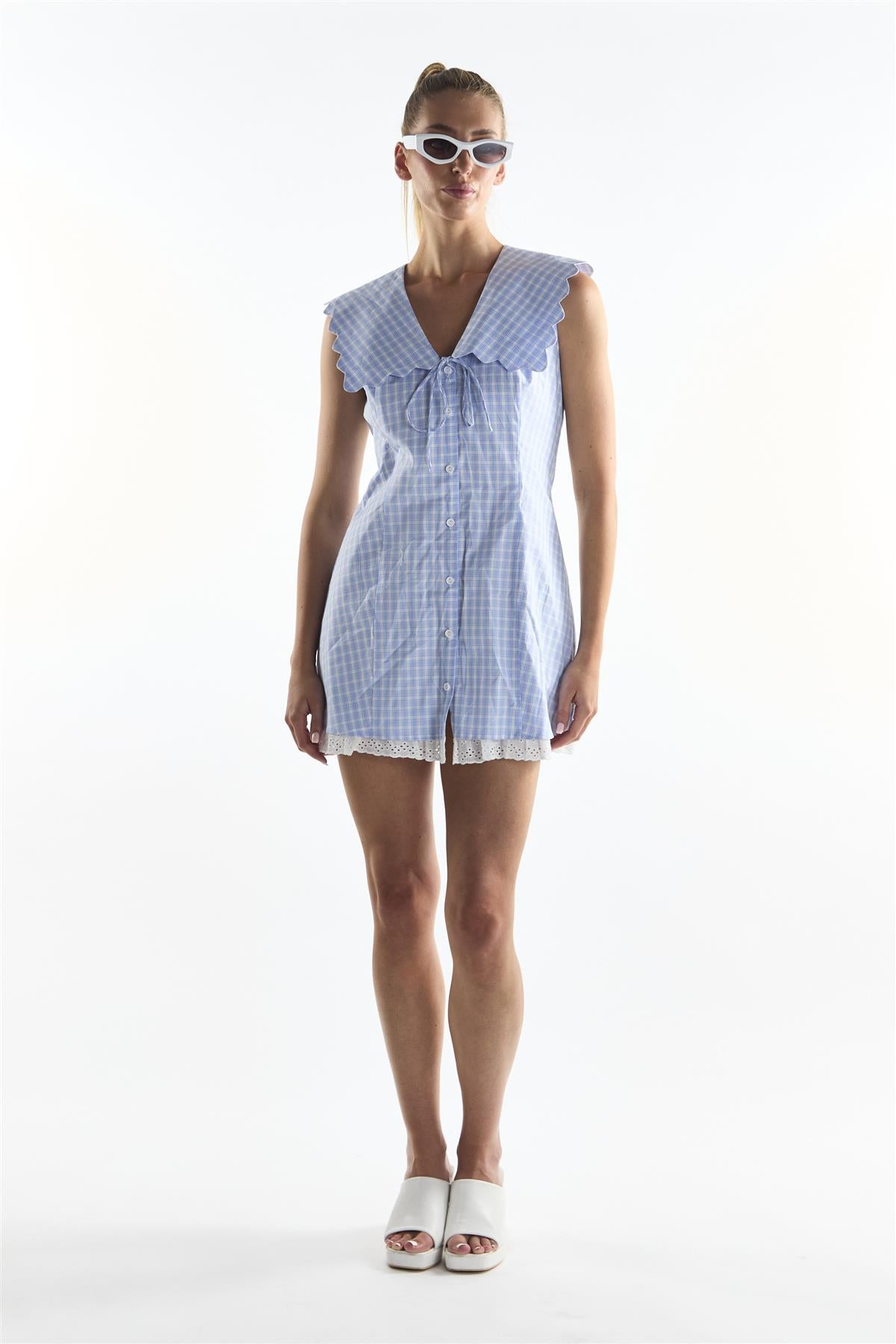 Blue Grid Check Button Front Mini Dress