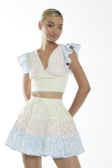 Ditsy Floral Colour Block V-Neck Frill Sleeve Top