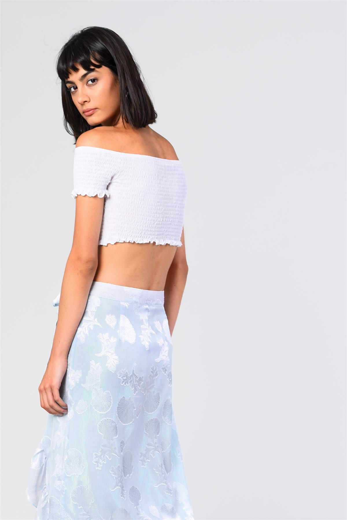Off-White Shirred-Bardot Crop-Top