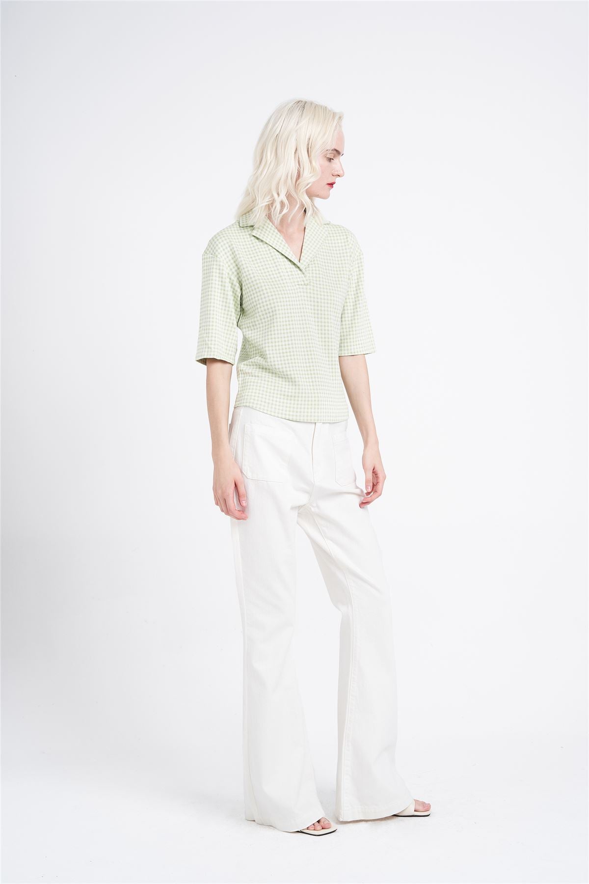 Pistachio-Multi-Check Collared-V-Neck Short-Sleeve-Top