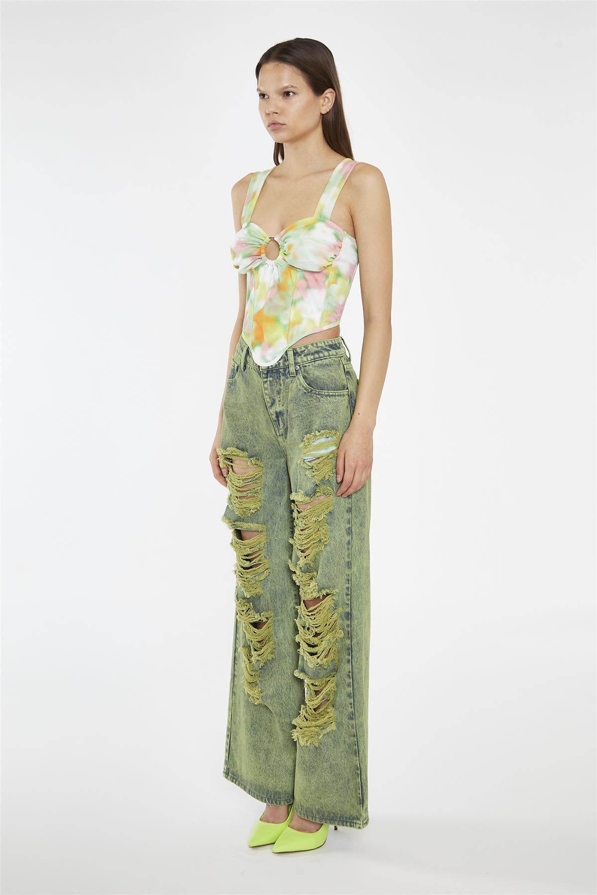 Blurred-Flower Mesh O-Ring Corset-Top