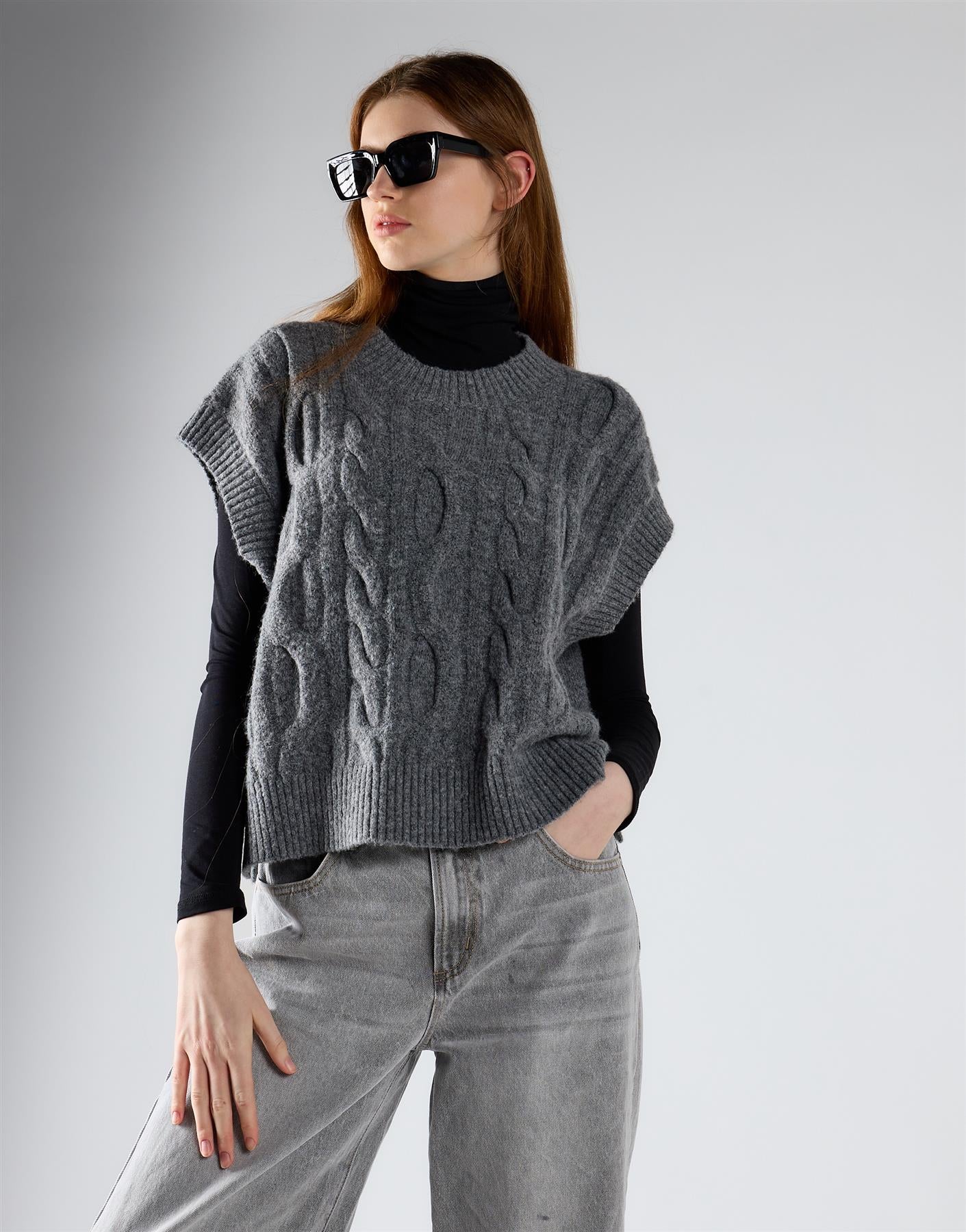 Dark Grey Marl Cable Knit Vest Top