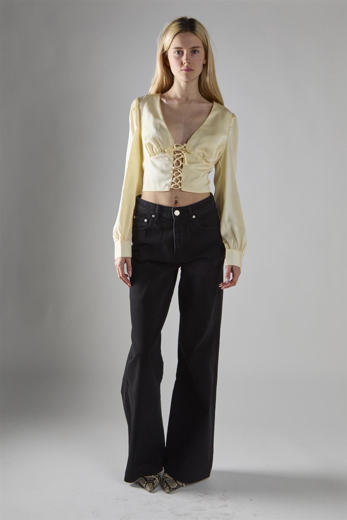 Cream-Sateen Lace-Up-Front Crop-Top