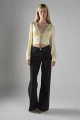 Cream-Sateen Lace-Up-Front Crop-Top