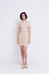 Light-Stone Round-Neck-Short-Sleeves Mini-Dresses
