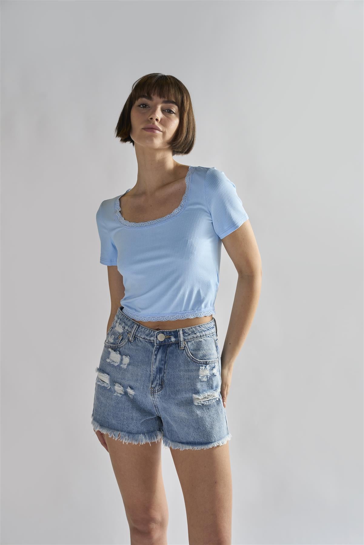 Light-Blue Square-Neck-Crop Tops