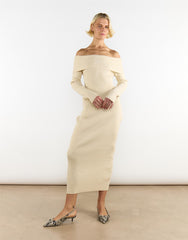 Light-Stone Bardot-Knitted Midi-Dress