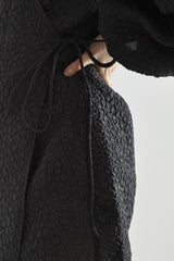 Black Jacquard V-Neck Tie Waist Mini Dress
