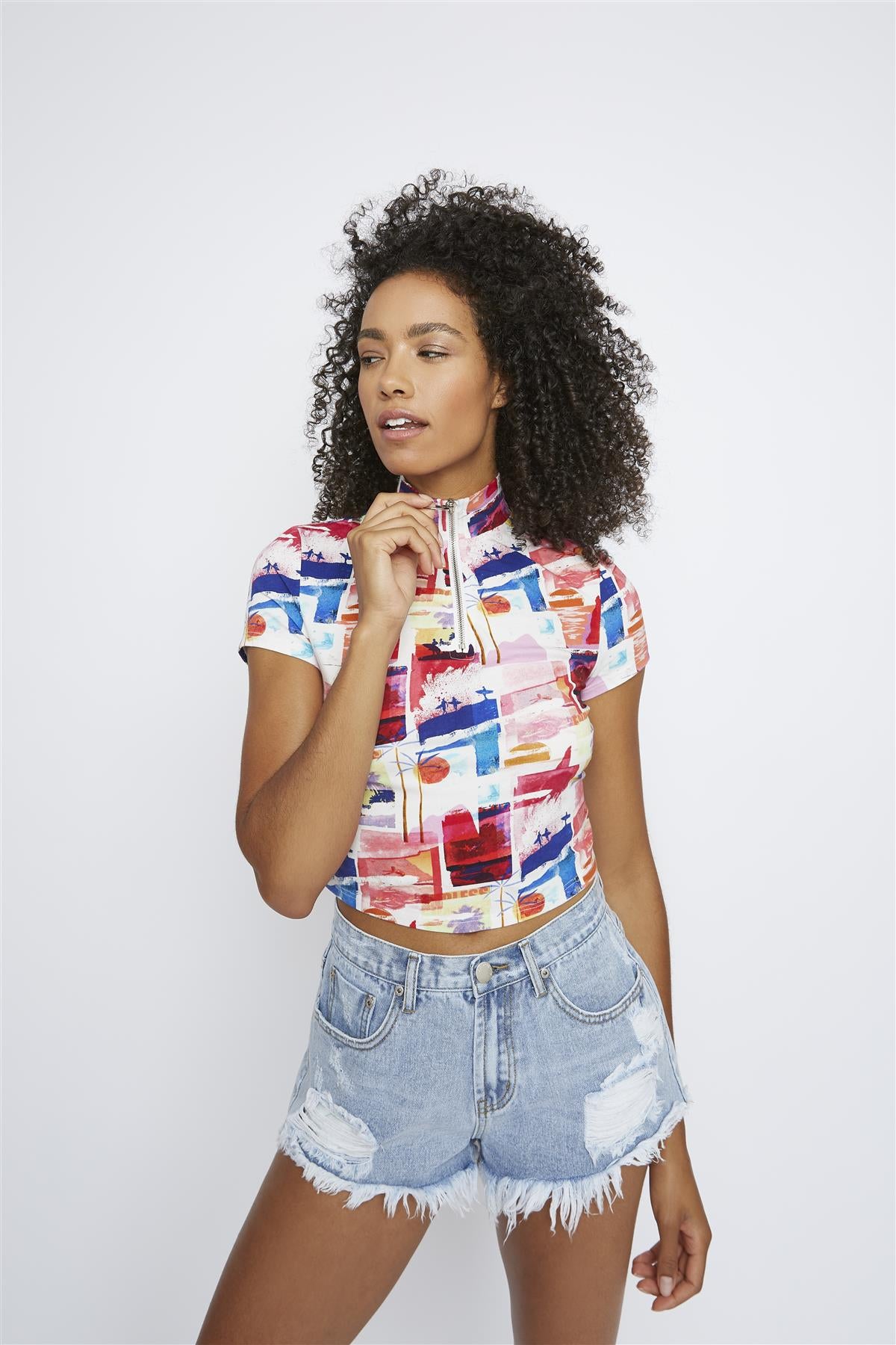 Digital Postcard Jersey High Neck Crop Top