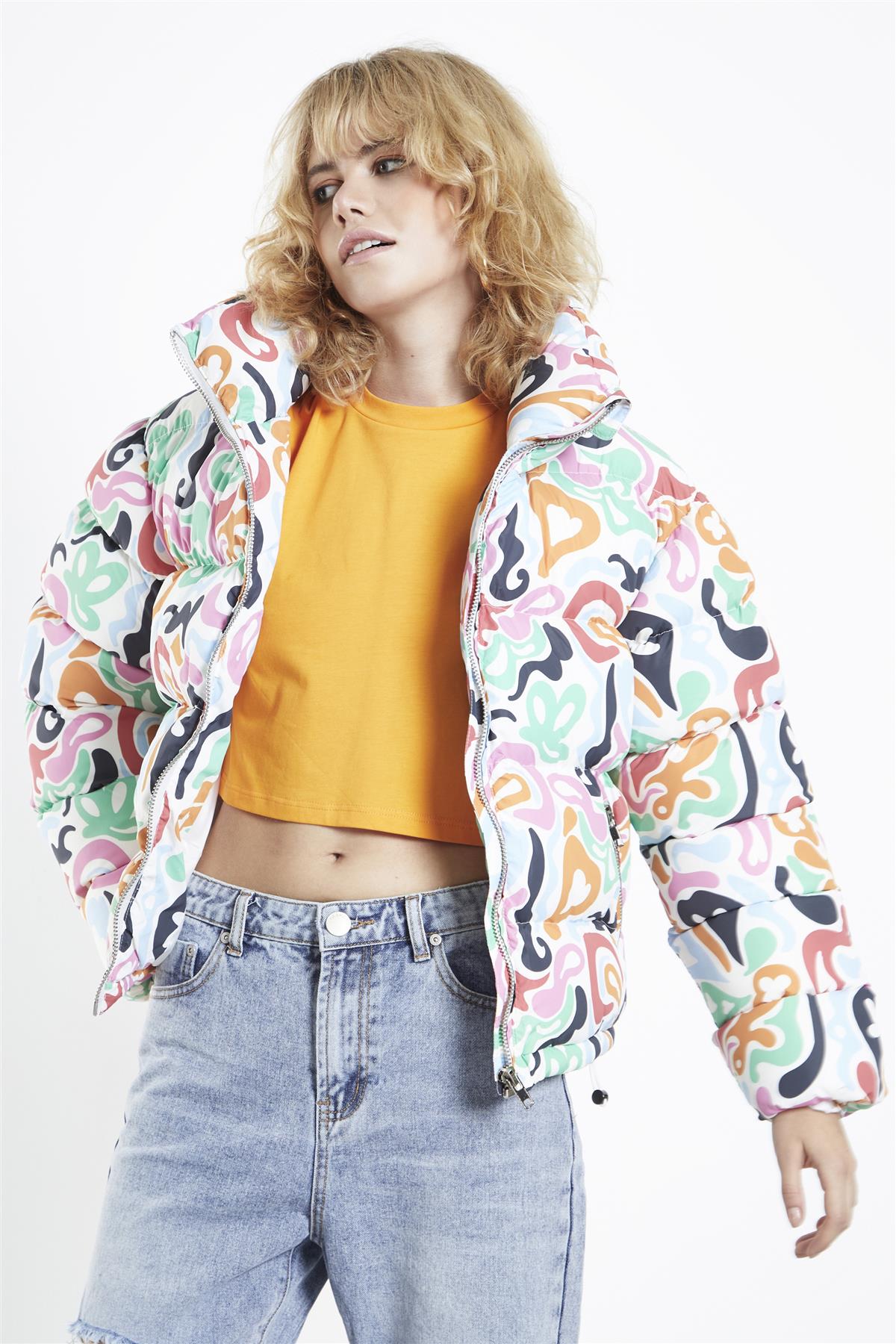 Multi Abstract Print Puffer Jacket