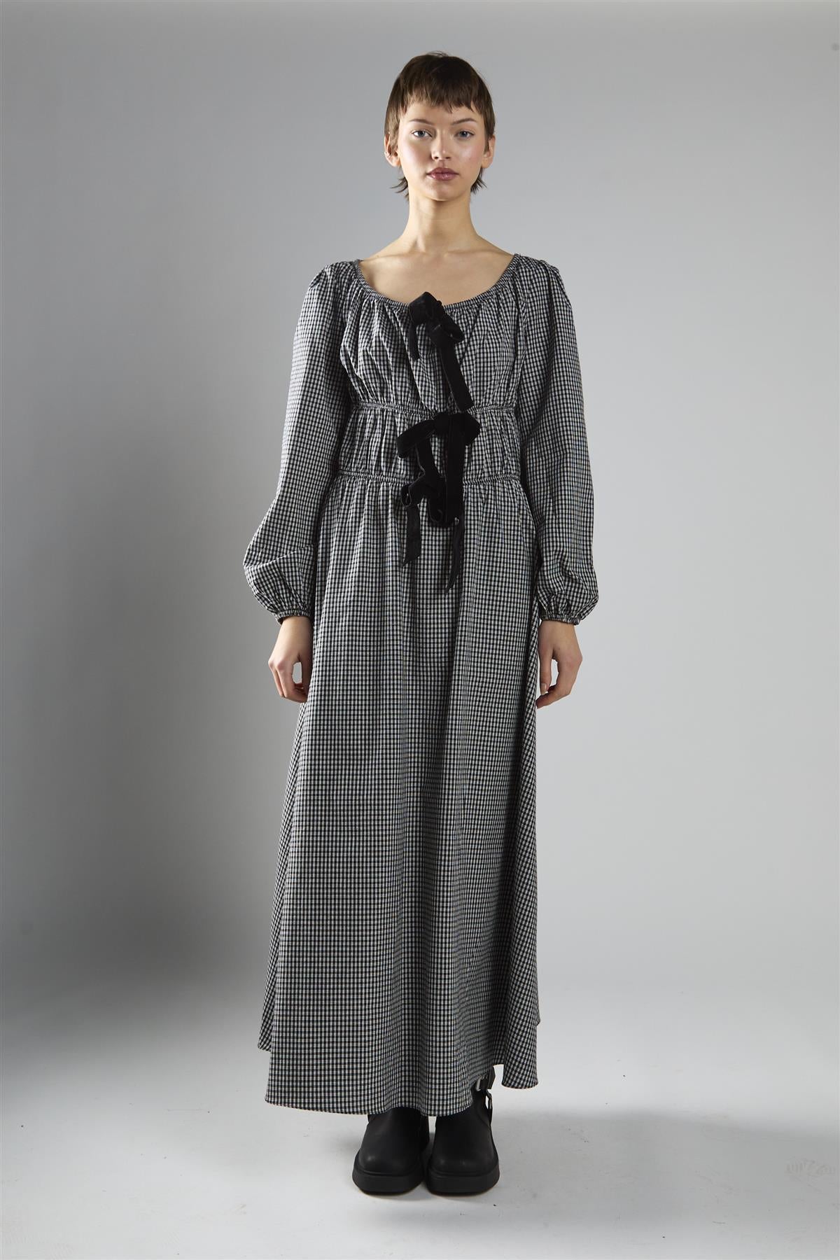 Black Check Velvet Bow Maxi Dress