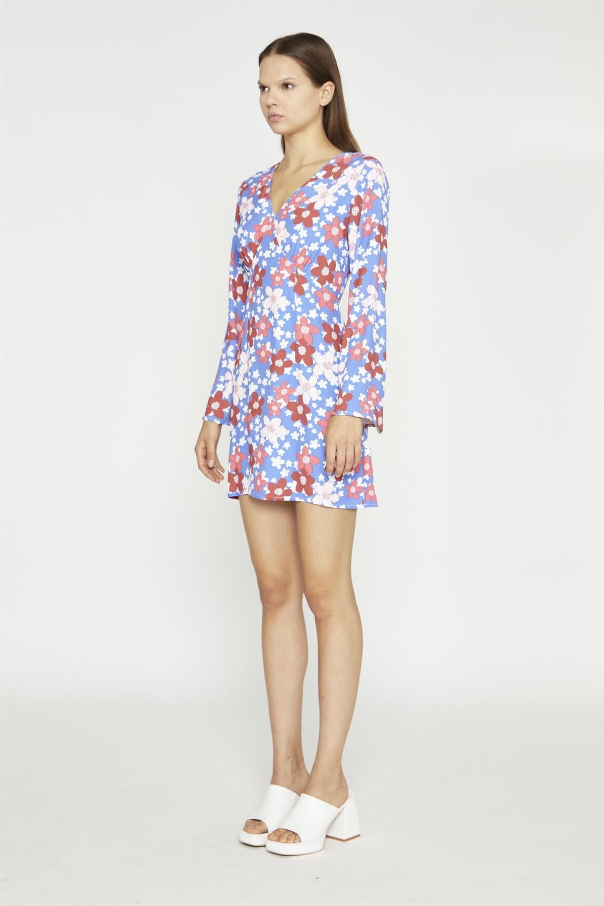 Blue-Red Flower Fluted Sleeve Mini-Dress