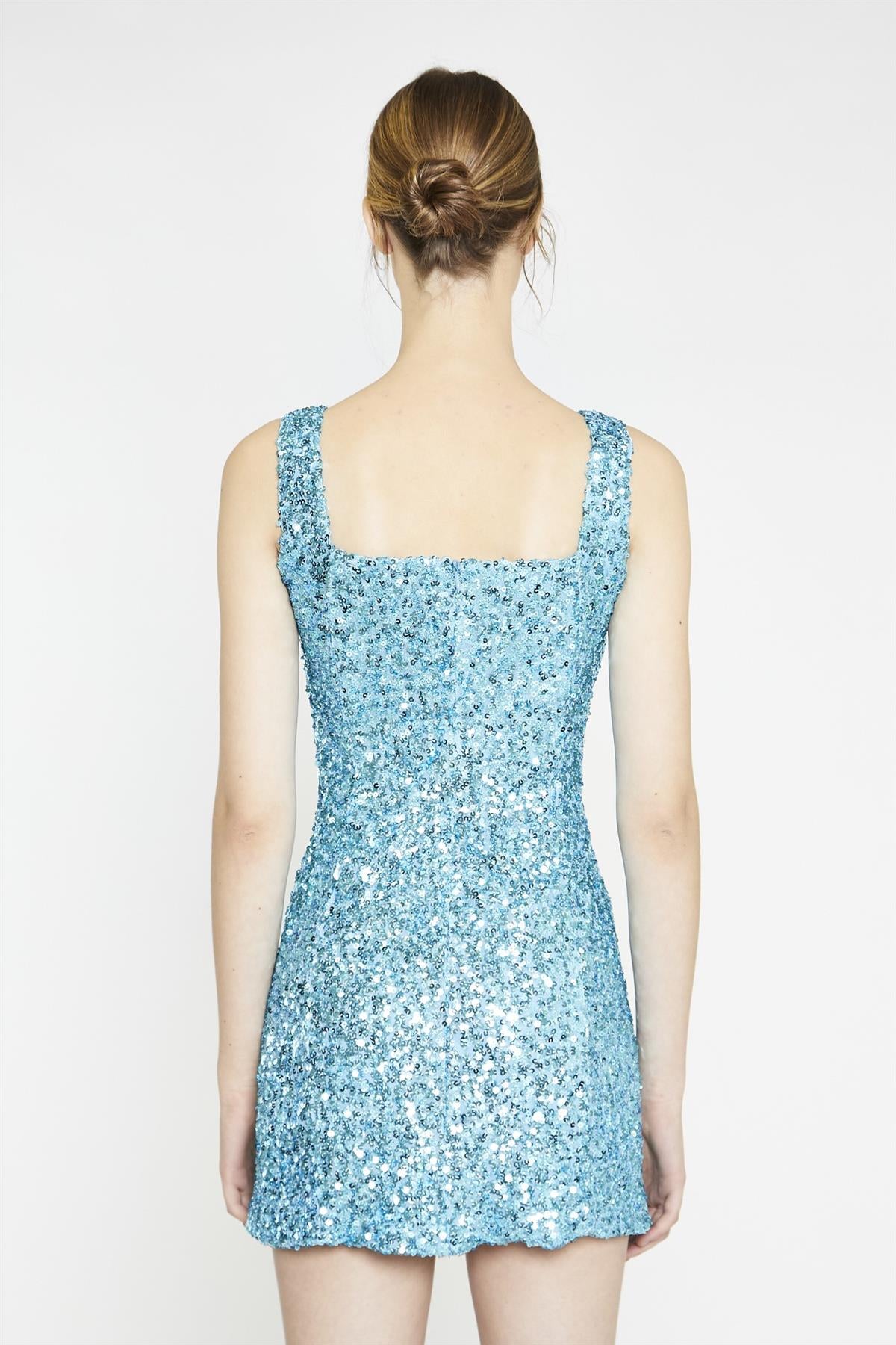 Aquamarine-Sequin Square-Neck Mini-Dress