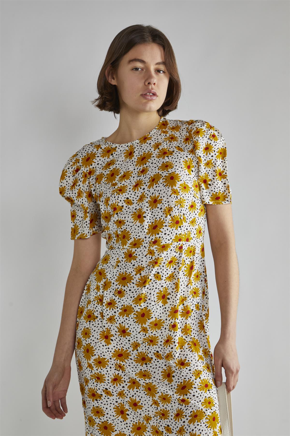 Yellow-Floral-Black-Dot Short-Sleeve Midi-Dress