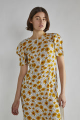 Yellow-Floral-Black-Dot Short-Sleeve Midi-Dress