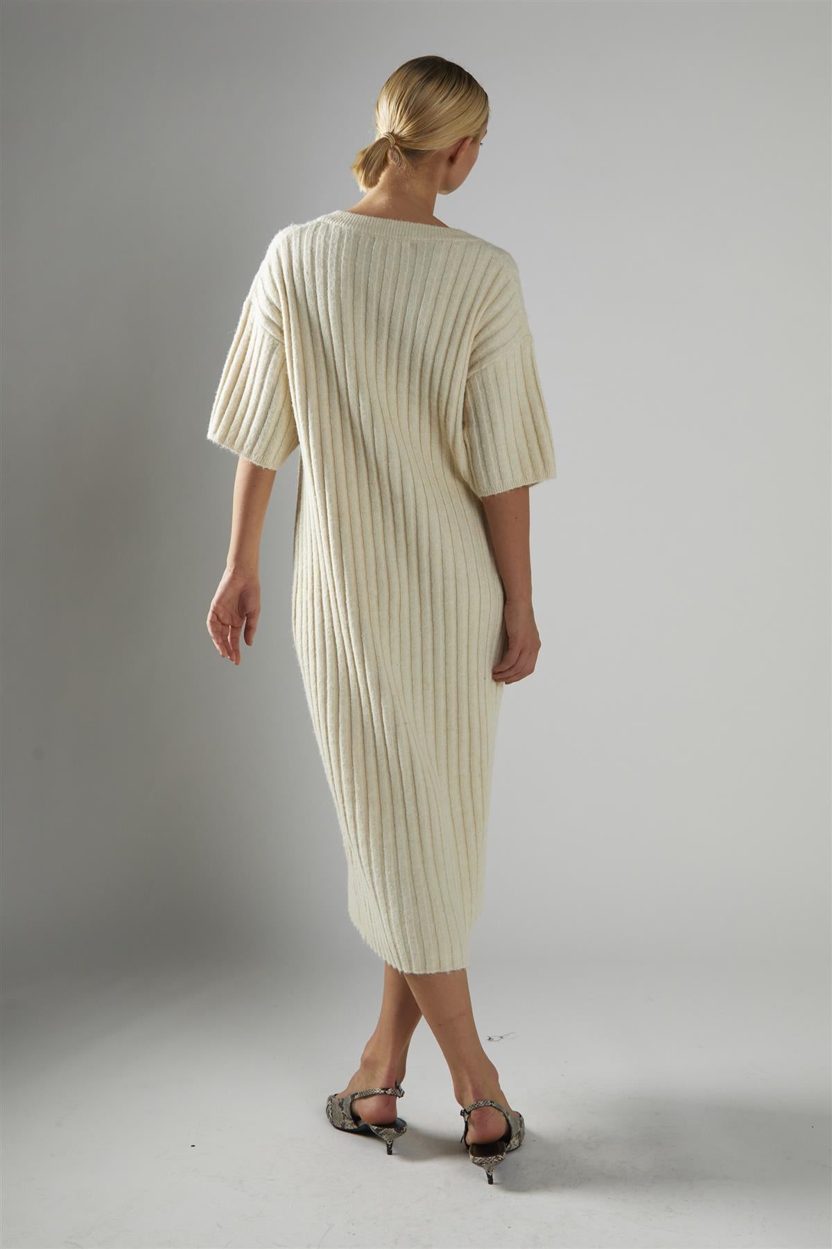 Ecru V-Neck-Knitted Midi-Dress