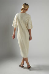 Ecru V-Neck-Knitted Midi-Dress