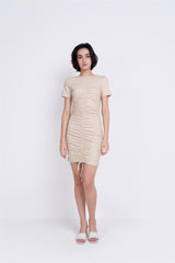 Light-Stone Round-Neck-Short-Sleeves Mini-Dresses