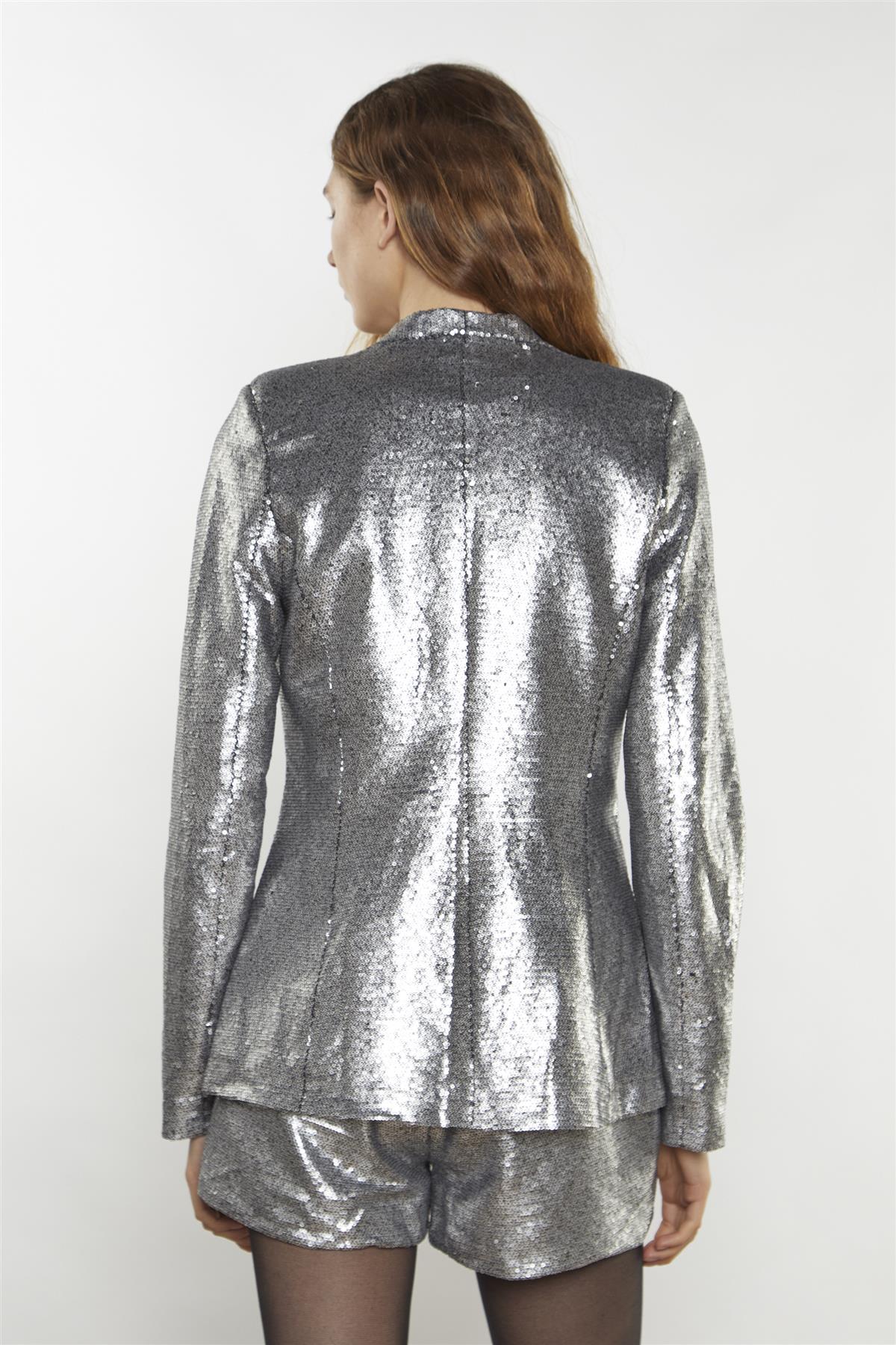 Matt-Silver-Sequin Collarless Blazer