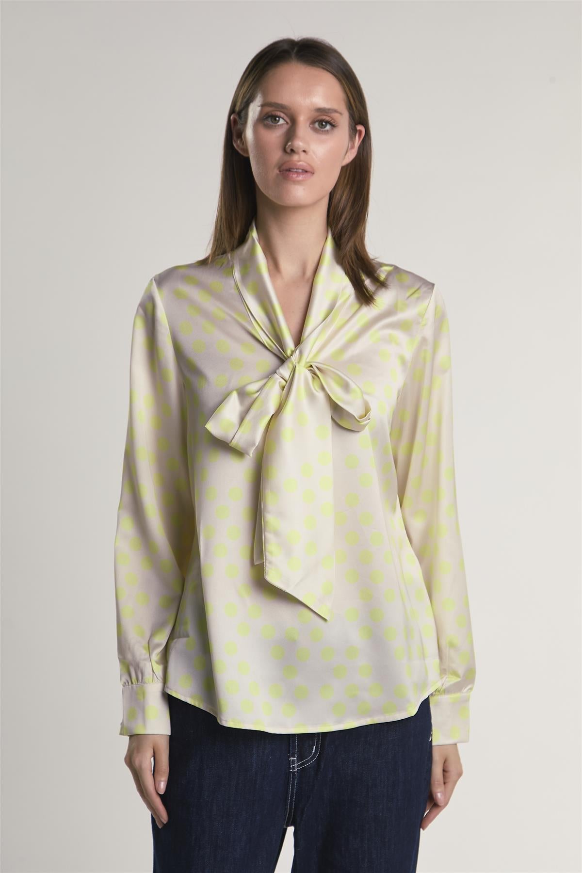 Yellow-Polka-Dot Front-Tie Long-Sleeve-Top