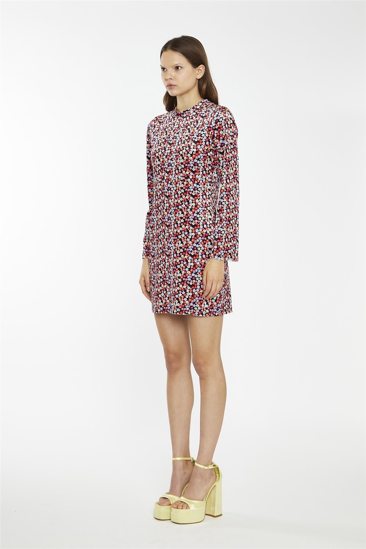 Multi-Ditsy-Velvet Long-Sleeve-Peplum Mini-Dress