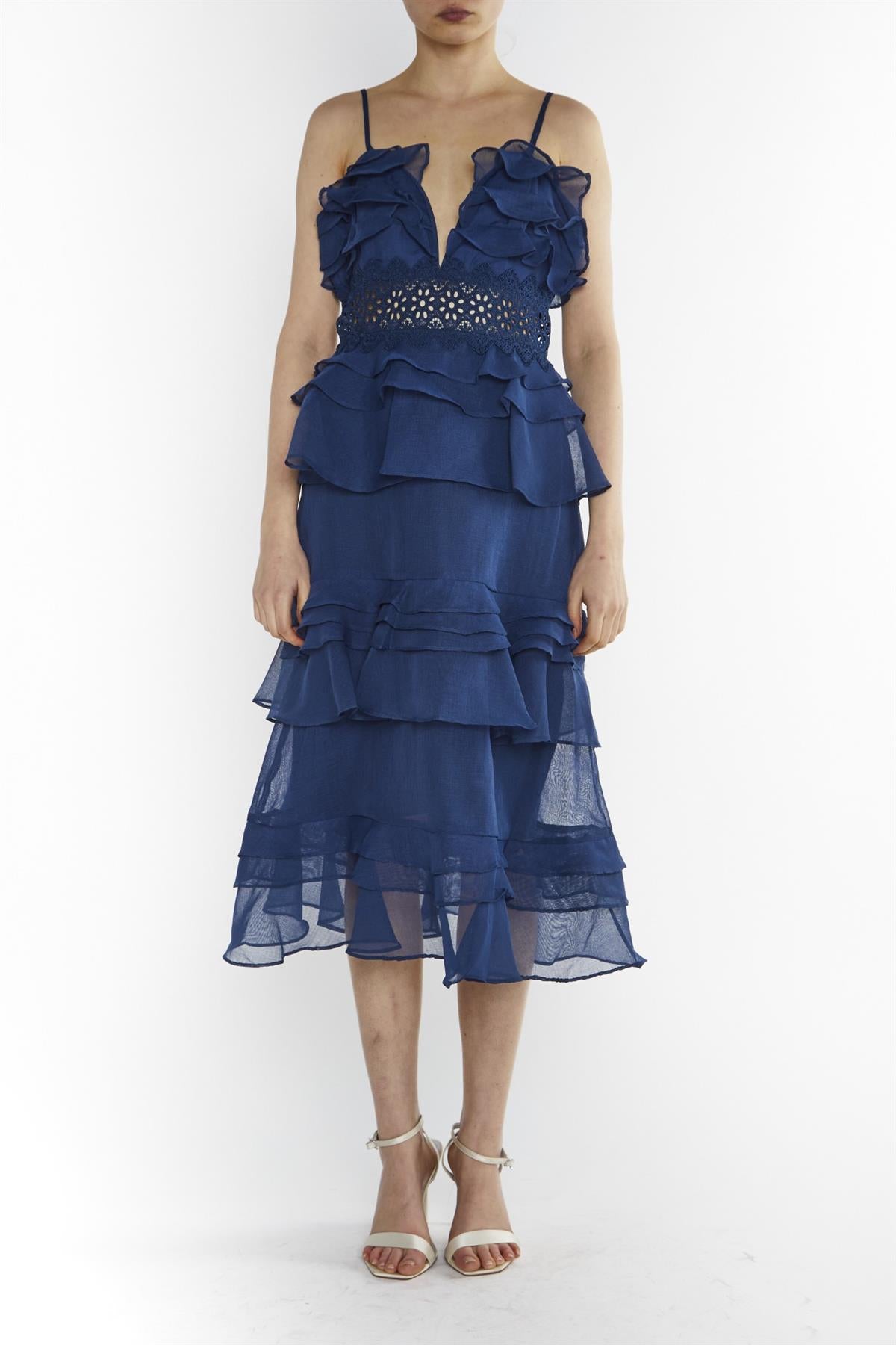 Viola Navy Tiered Ruffle Midi Dress