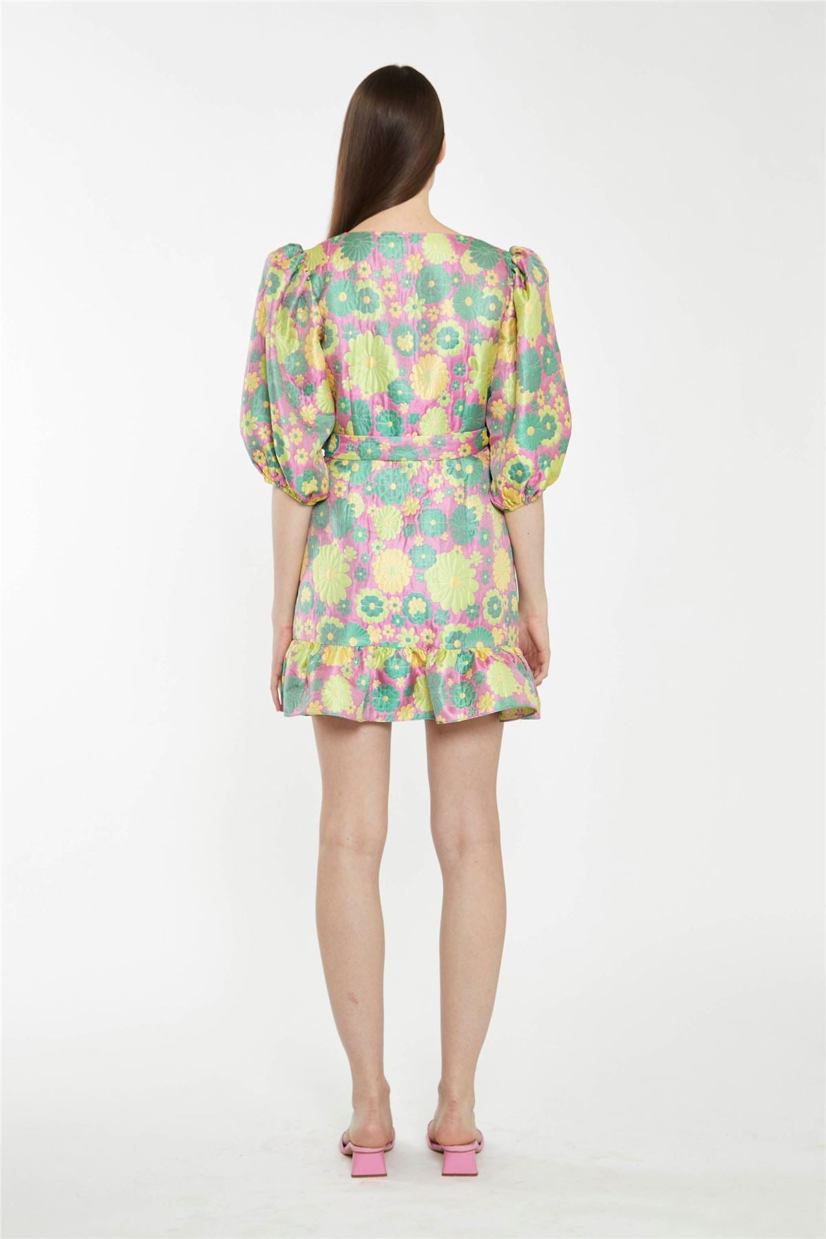 Pink-60s-Flower-Jacquard Wrap Mini Dress