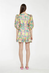 Pink-60s-Flower-Jacquard Wrap Mini Dress